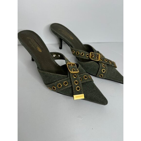 NEW Jeffrey Campbell X Free People Nimes Denim Buckle Heels Mules Green Size 7 - Picture 4 of 6